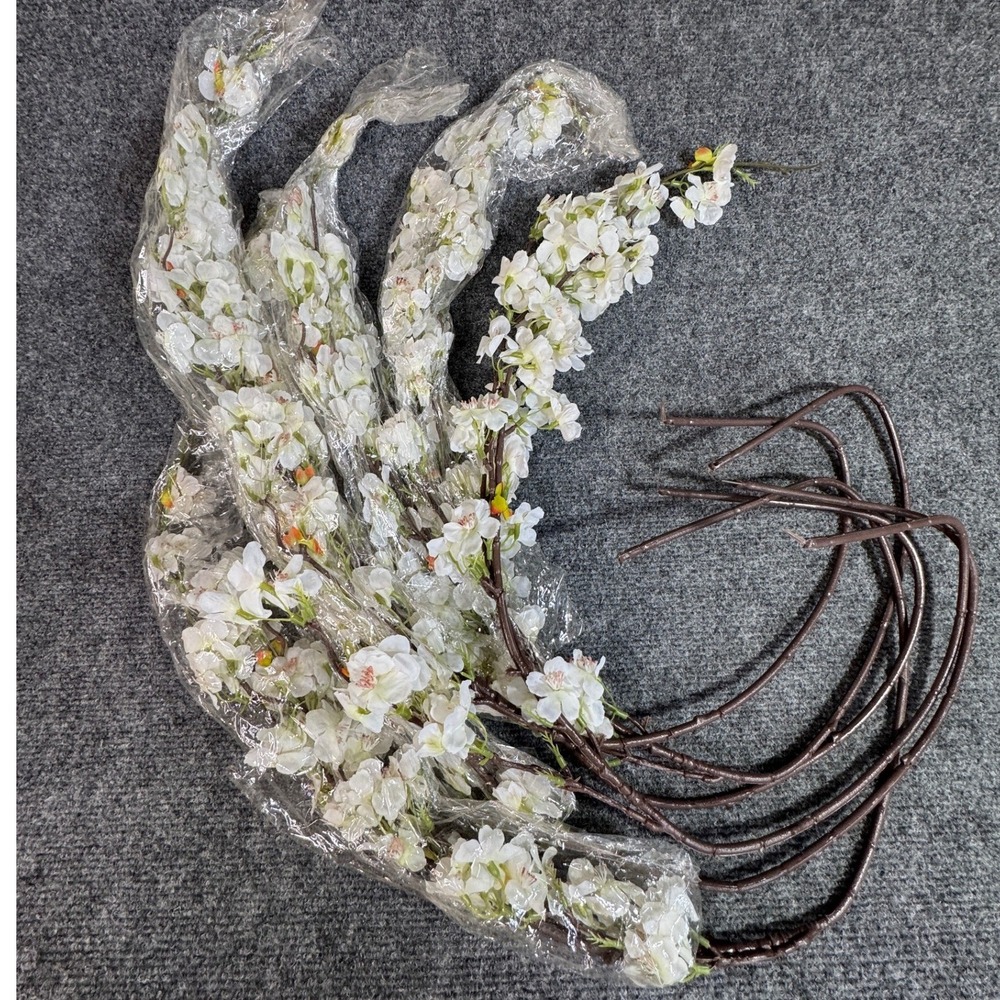 White Artificial Cherry Blossom Stems Long Realistic Floral Decor Set of 5